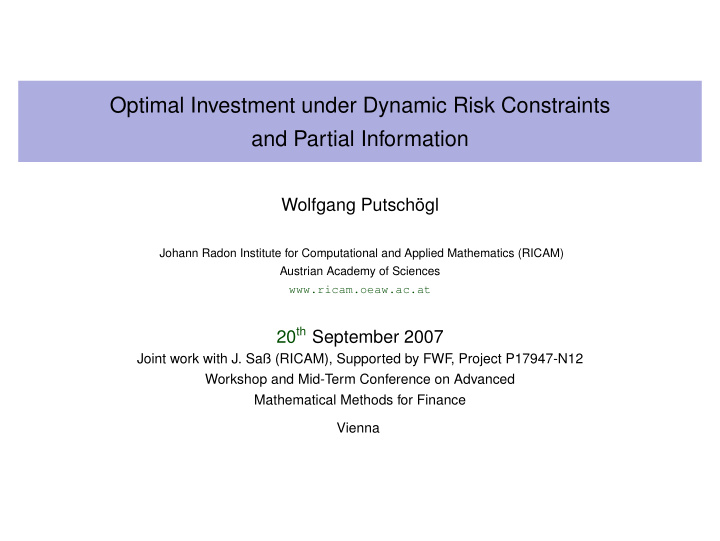 optimal investment under dynamic risk constraints and