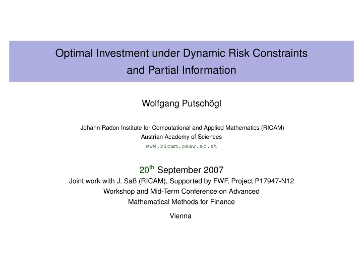 optimal investment under dynamic risk constraints and