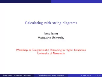 Calculating with string diagrams  Ross Street  Macquarie University  Workshop on Diagrammatic