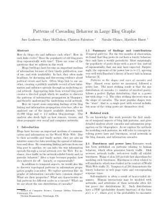 Patterns of Cascading Behavior in Large Blog Graphs Jure Leskovec, Mary McGlohon, Christos