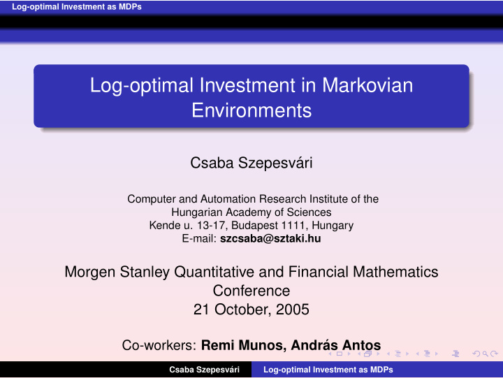 log optimal investment in markovian environments
