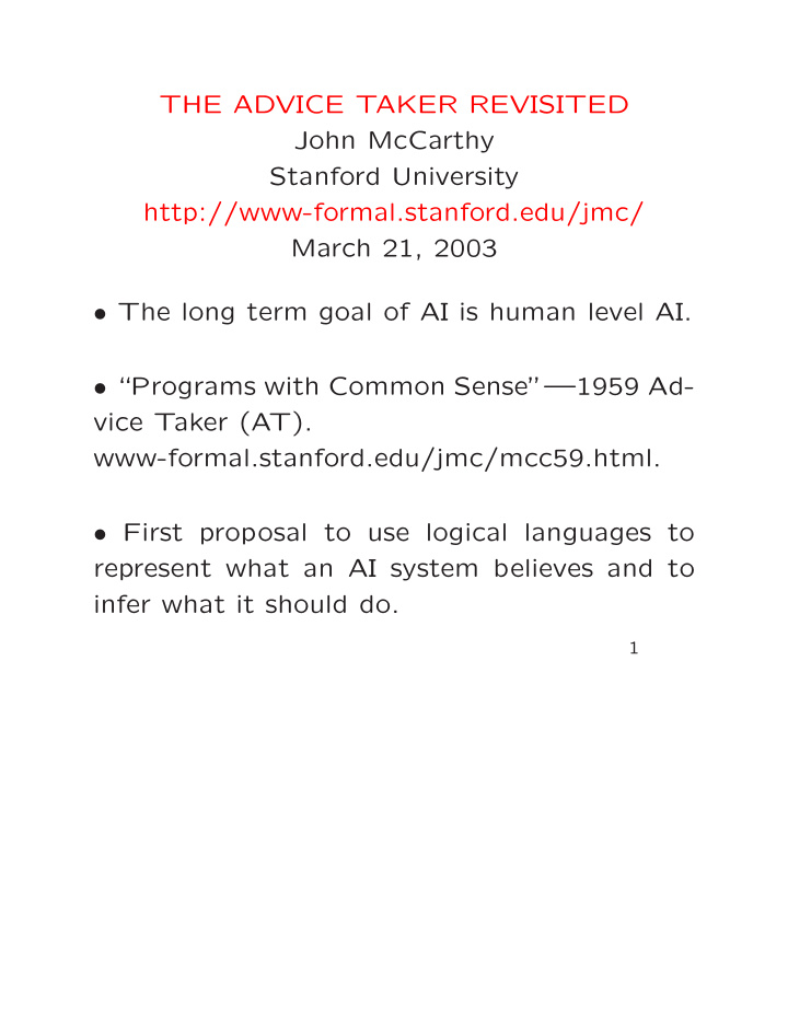 the advice taker revisited john mccarthy stanford