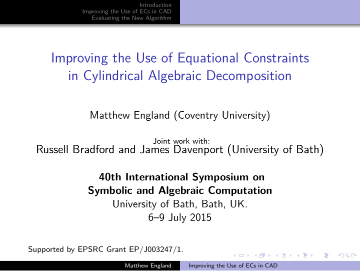 improving the use of equational constraints in