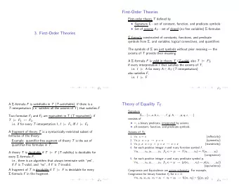First-Order Theories First-order theory T defined by  Signature  - set of constant, function,