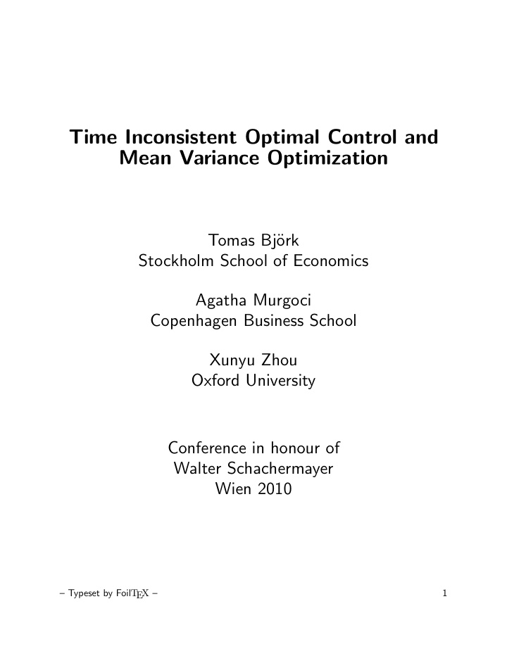 time inconsistent optimal control and mean variance