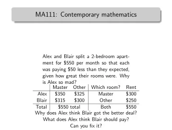 MA111: Contemporary mathematics  Alex and Blair split a 2-bedroom apart-  ment for $550 per month