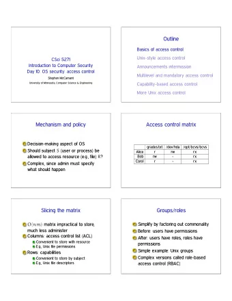 Outline  Basics of access control  Unix-style access control  CSci 5271  Introduction to Computer