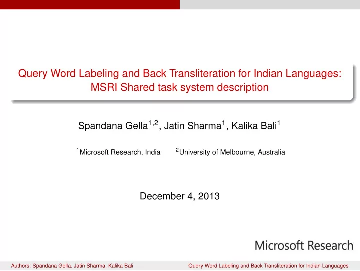 query word labeling and back transliteration for indian