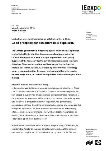 Good prospects for exhibitors at IE expo 2015  The Chinese government is introducing tighter