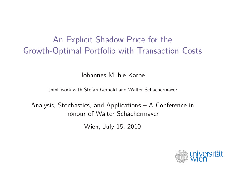 an explicit shadow price for the growth optimal portfolio