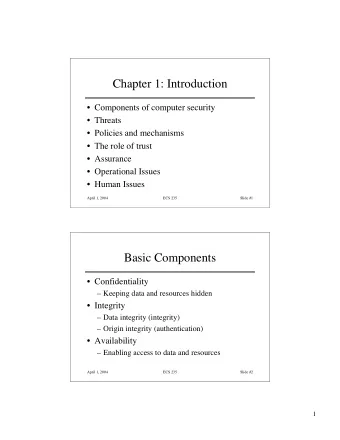 Chapter 1: Introduction   Components of computer security   Threats   Policies and