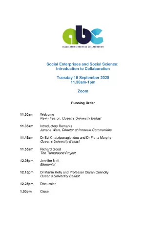 Social Enterprises and Social Science:  Introduction to Collaboration  Tuesday 15 September 2020