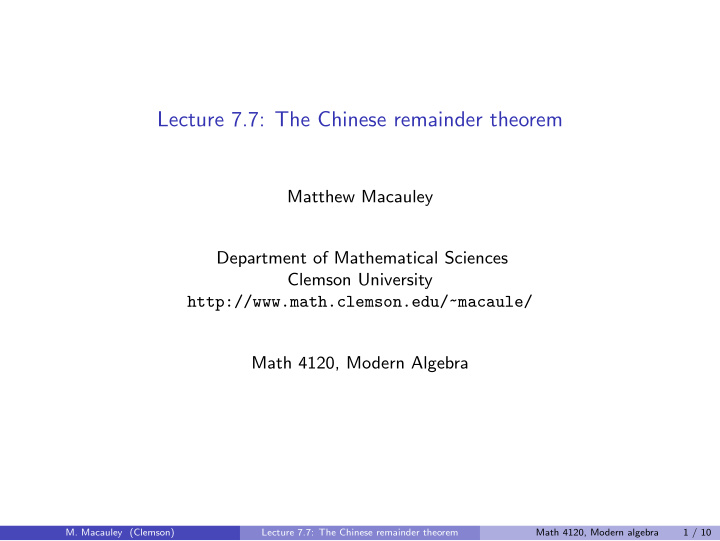 lecture 7 7 the chinese remainder theorem