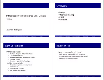 Overview  Recap  Operator Sharing Introduction to Structured VLSI Design  FSMD  VHDL V