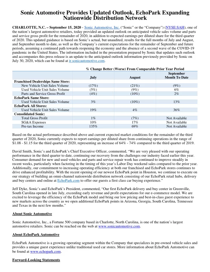 sonic automotive provides updated outlook echopark