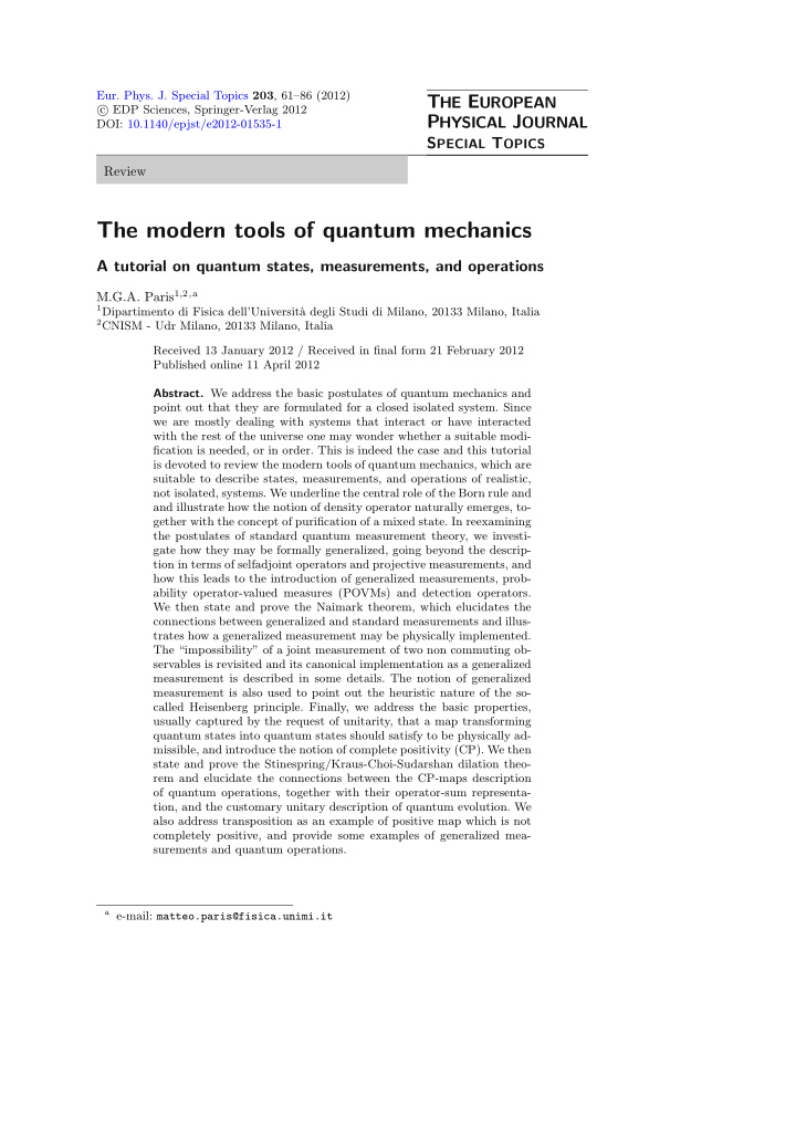 the modern tools of quantum mechanics