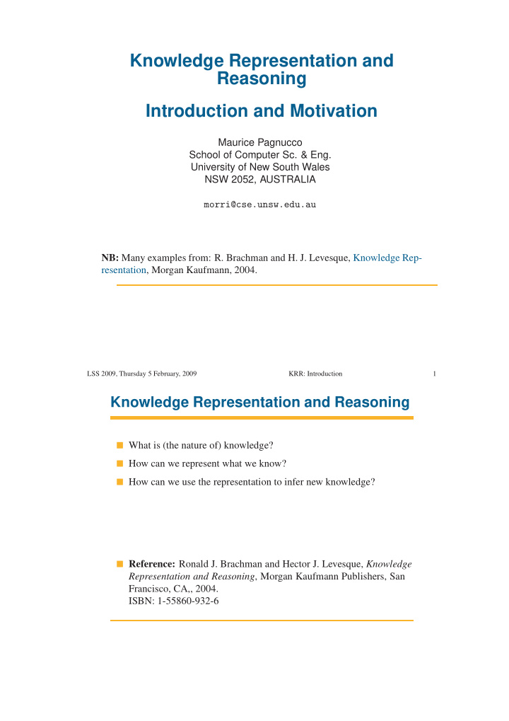 knowledge representation and reasoning introduction and