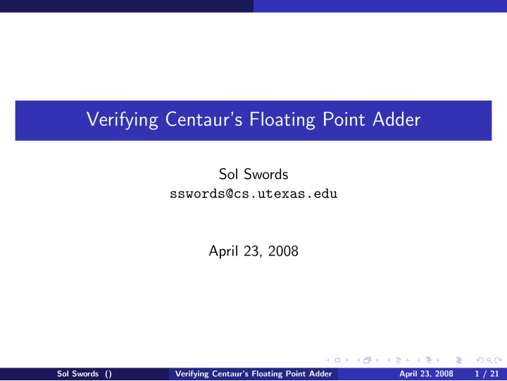 verifying centaur s floating point adder