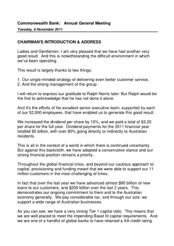 Commonwealth Bank:   Annual General Meeting  Tuesday, 8 November 2011  CHAIRMAN'S INTRODUCTION