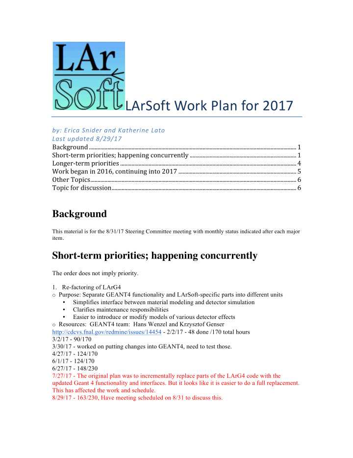 larsoft work plan for 2017