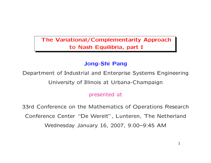 the variational complementarity approach to nash