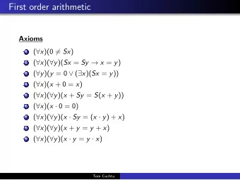 First order arithmetic  Axioms 1 (  x )(0  = Sx ) 2 (  x )(  y )( Sx = Sy  x = y ) 3