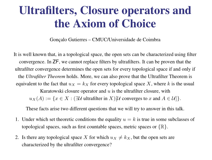 ultrafilters closure operators and the axiom of choice