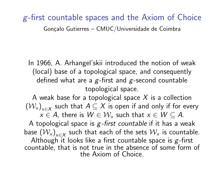 g first countable spaces and the axiom of choice