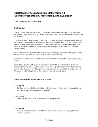 CS160 Midterm Exam Spring 2007, version 1  User Interface Design, Prototyping, and Evaluation Total