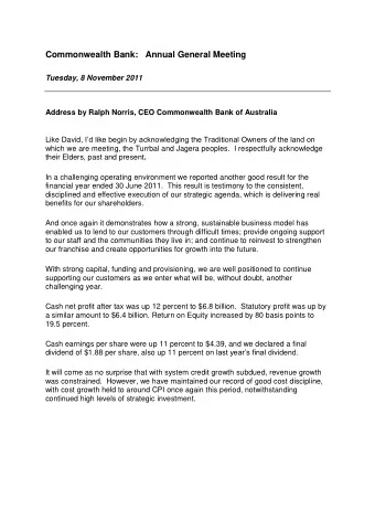 Commonwealth Bank:   Annual General Meeting  Tuesday, 8 November 2011  Address by Ralph Norris, CEO