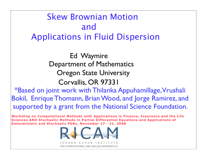 skew brownian motion and applications in fluid dispersion