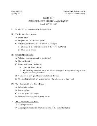 Economics 2  Professor Christina Romer  Spring 2017  Professor David Romer  LECTURE 5  CONSUMERS