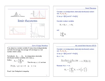 limit theorems  Consider random variables X 1 + X 2 + . . . + X n  and  n  1  X X i  n i =1  Law of