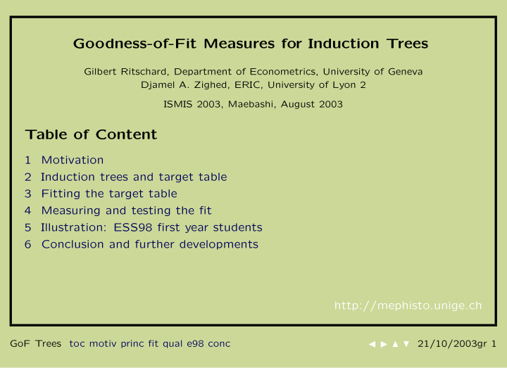 goodness of fit measures for induction trees