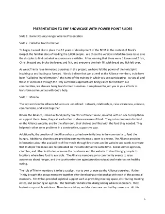 PRESENTATION TO EHF SHOWCASE WITH POWER POINT SLIDES  Slide 1:  Burnet County Hunger Alliance