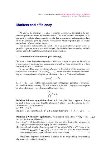 Markets and efficiency We analyse the e ffi ciency properties of a market economy, as described in