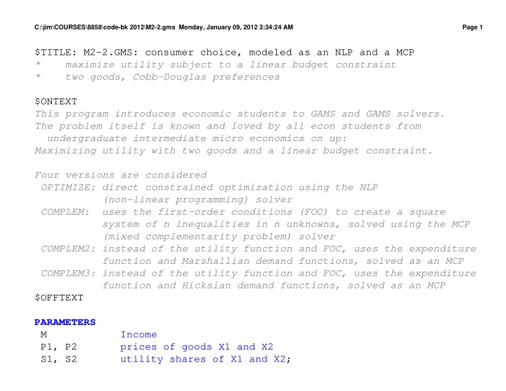 title m2 2 gms consumer choice modeled as an nlp and a