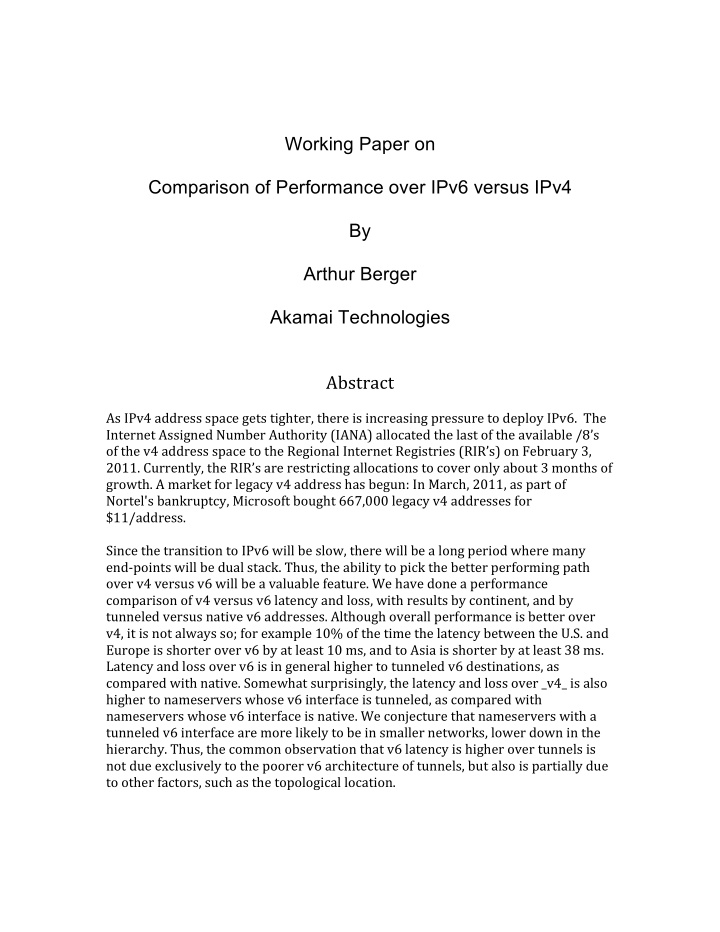 working paper on comparison of performance over ipv6