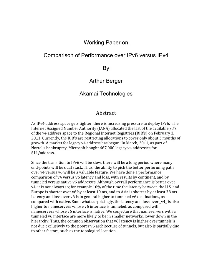 working paper on comparison of performance over ipv6