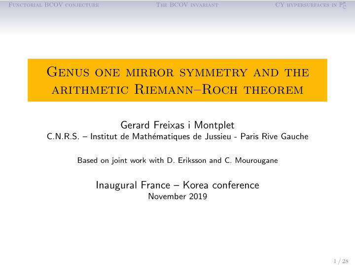 genus one mirror symmetry and the arithmetic riemann roch