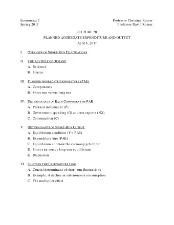 Economics 2  Professor Christina Romer  Spring 2017  Professor David Romer  LECTURE 20  PLANNED