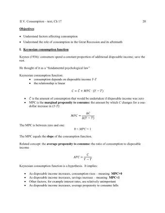 II.V. Consumption  text, Ch 17  20 Objectives :  Understand factors affecting consumption