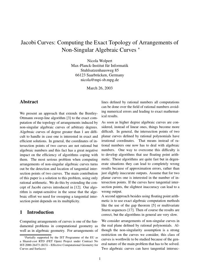 jacobi curves computing the exact topology of