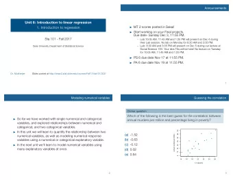 Unit 6: Introduction to linear regression  MT 2 scores posted in Sakai!  1. Introduction to