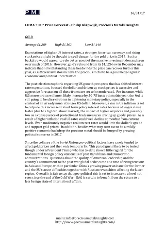 LBMA 2017 Price Forecast - Philip Klapwijk, Precious Metals Insights  GOLD  Average $1,288  High