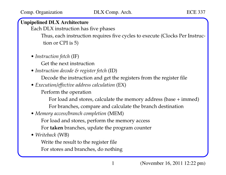 comp organization dlx comp arch ece 337 unpipelined dlx