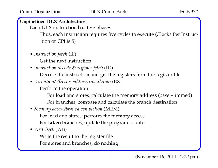 comp organization dlx comp arch ece 337 unpipelined dlx