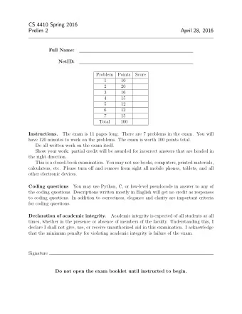 CS 4410 Spring 2016  Prelim 2  April 28, 2016  Full Name:  NetID:  Problem  Points  Score  1  10  2