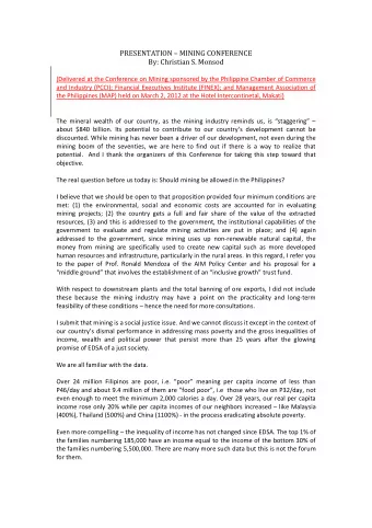 PRESENTATION  MINING CONFERENCE  By: Christian S. Monsod  (Delivered at the Conference on Mining