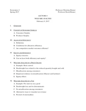 Economics 2  Professor Christina Romer  Spring 2017  Professor David Romer  LECTURE 8  WELFARE